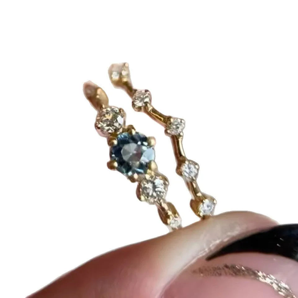 Alloy Flower Ring with Gold Sea Blue Diamond Design for Women Available in Sizes No 6 to No 10 Electroplated Finish Simple Couple Style Jewelry Ring Female