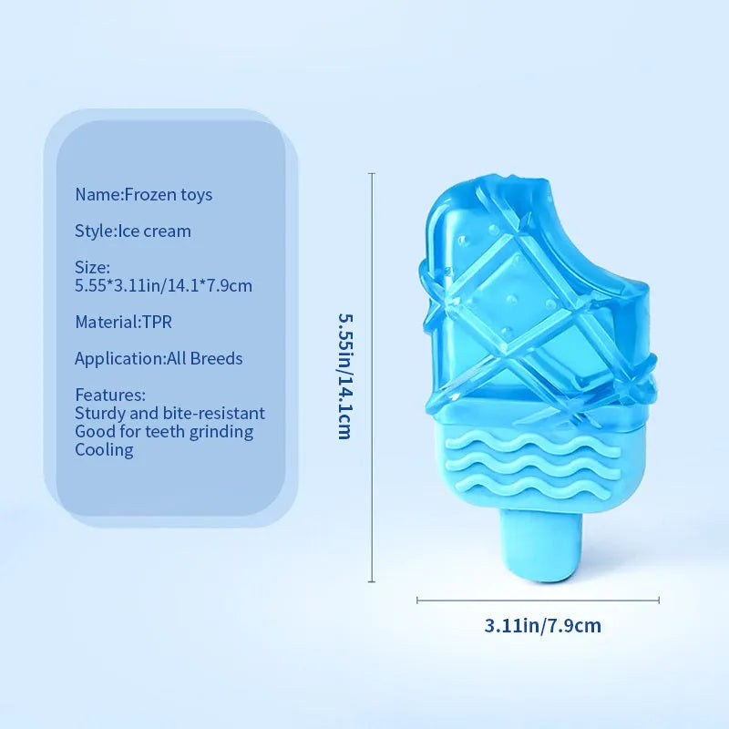 Dog cooling toy set with water-filled ice sticks and three teething toy shapes: pacifier, popsicle, and ring