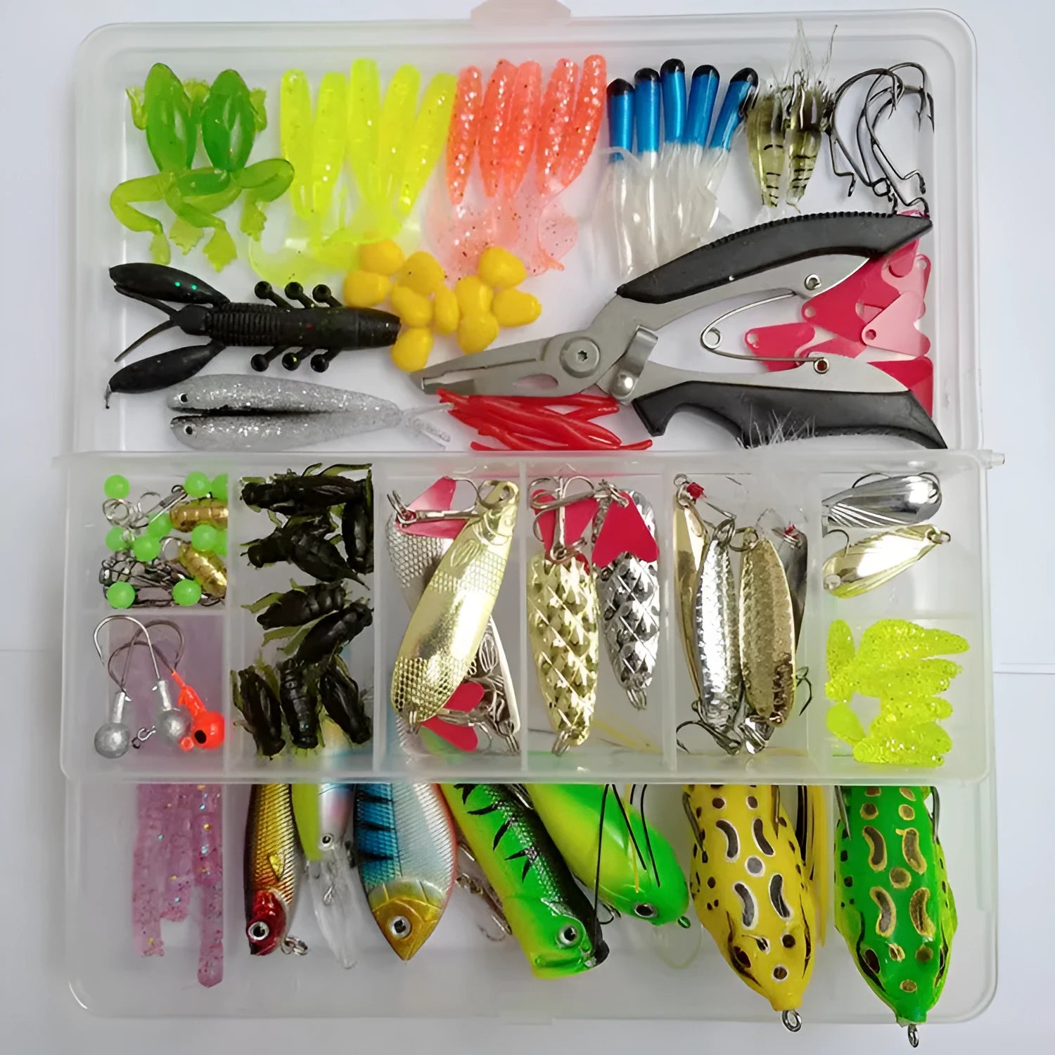 142-piece fishing lure set with metal and plastic baits including hard mino sequins and fishing pliers
