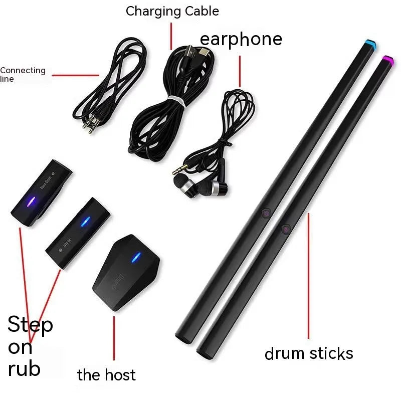 Black somatosensory air drum kit virtual AR toy with wireless drumsticks and stomp pedal controller.
