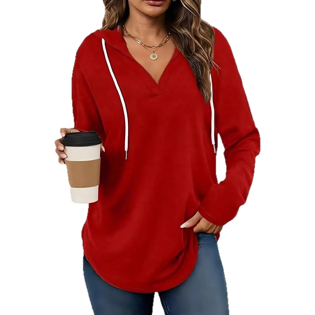 Women's black V-neck hooded sweatshirt with medium thickness polyester fabric and loose fit