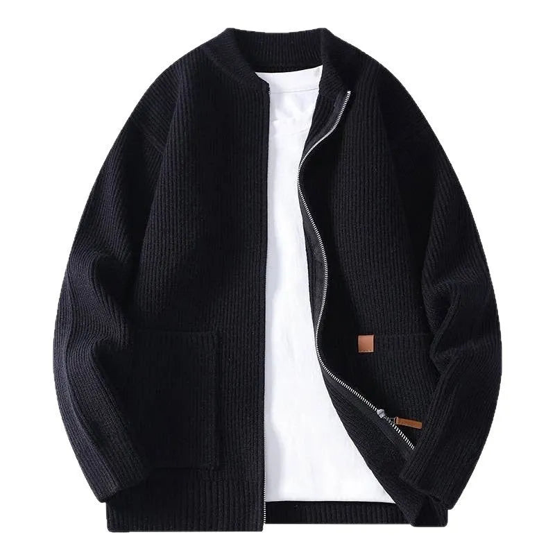 Men's striped sweater cardigan jacket in beige, grey, black, red, or green, straight fit.