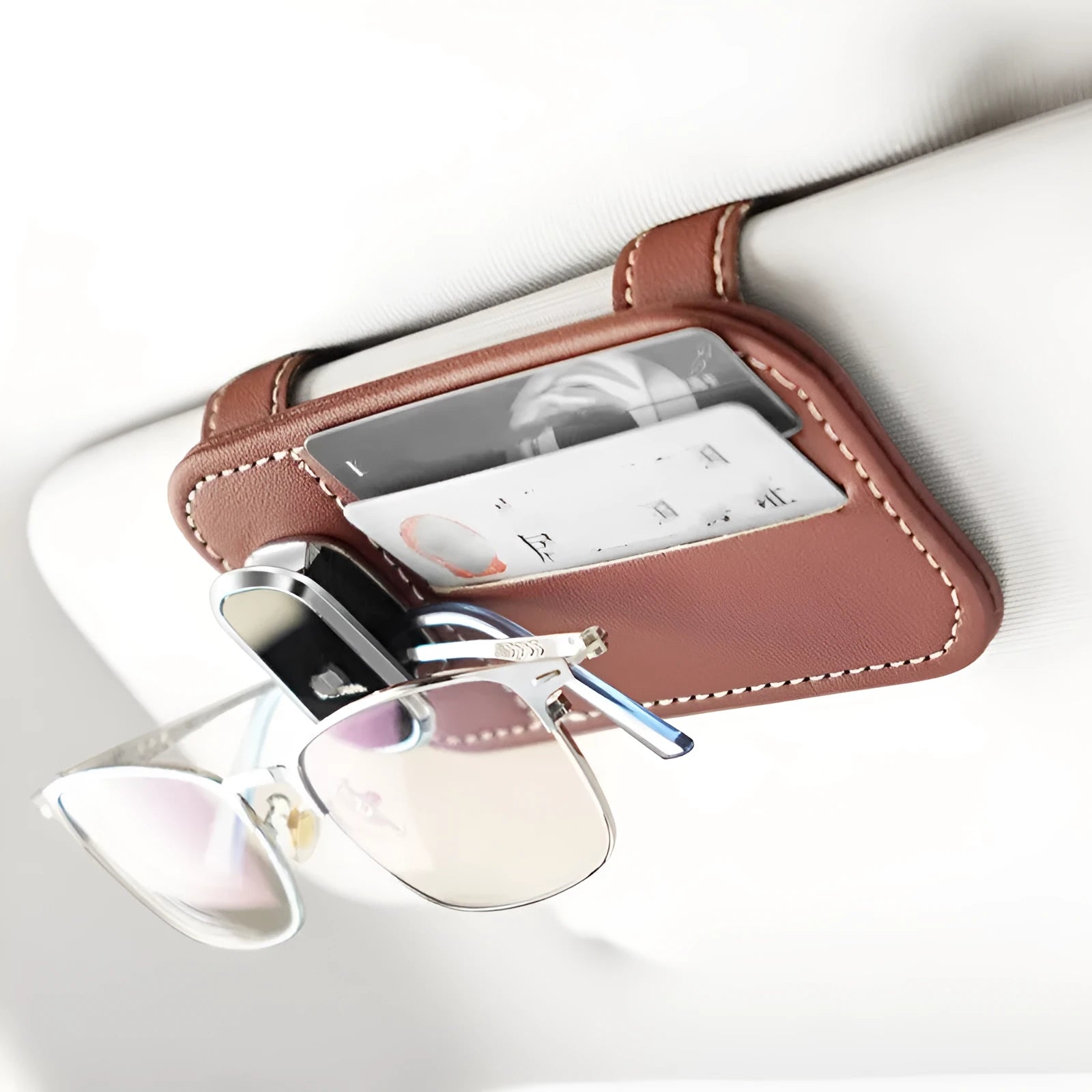 Cowhide leather car sun visor card holder with attached glasses clip in beige colour