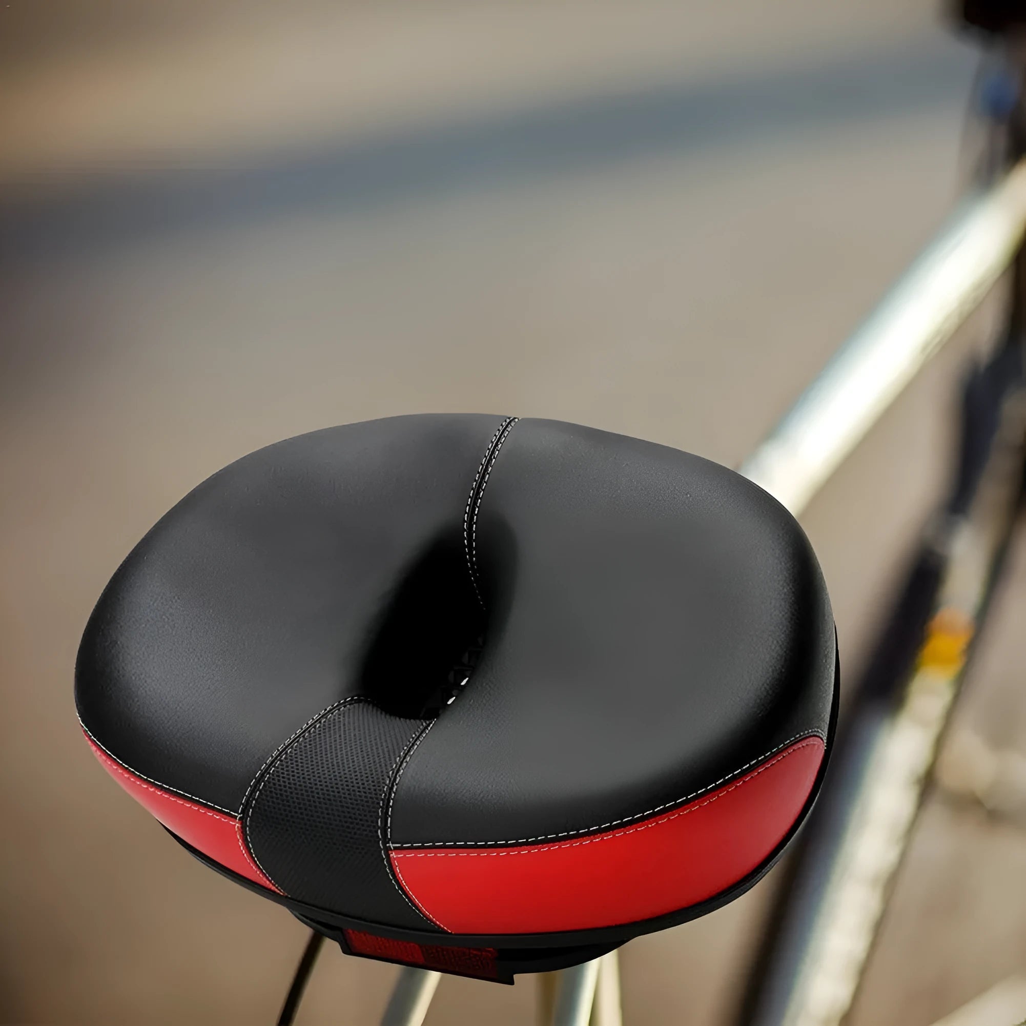 Thickened plus size mountain bike saddle in red with hot stamping pattern and reflective stitching