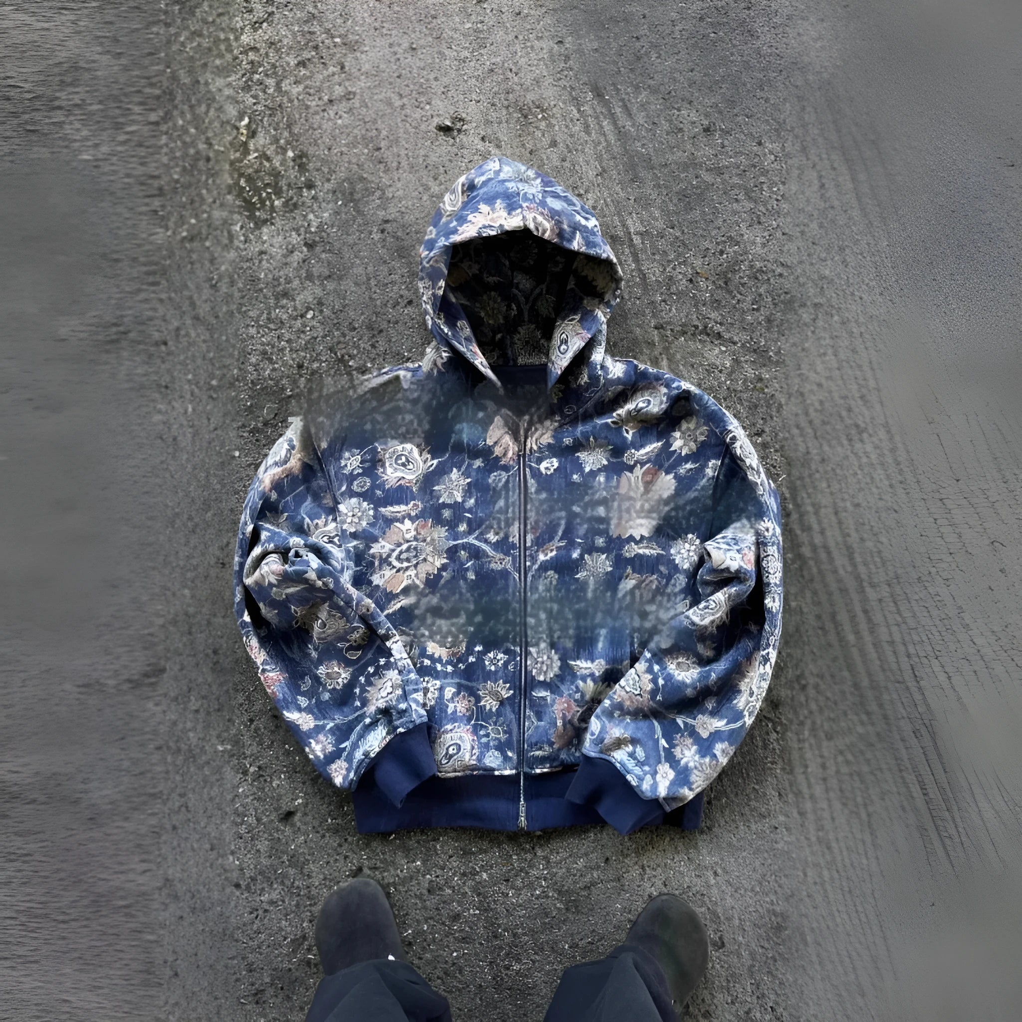 A man's loose fitting blue hooded zip-up coat with long sleeves on a hanger.