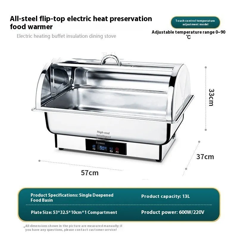 Stainless steel electric buffet stove with a transparent flip lid and LCD control screen.