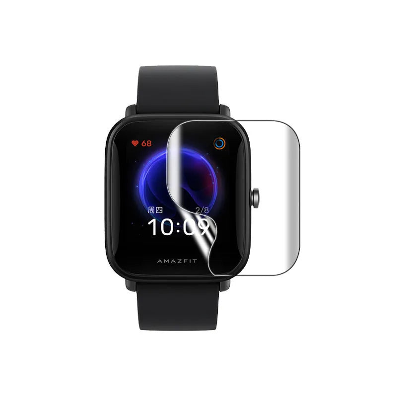 Amazfit Bip S smartwatch with clear TPU hydrogel screen protector applied.