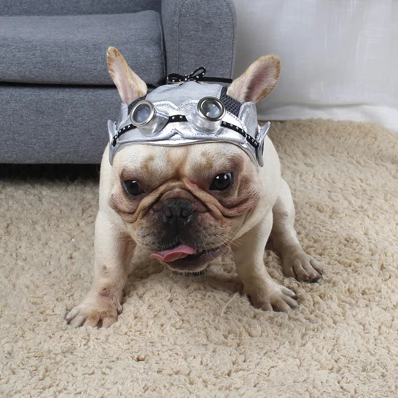 Pilot hat pet costume for cats and dogs in black leather with elastic band