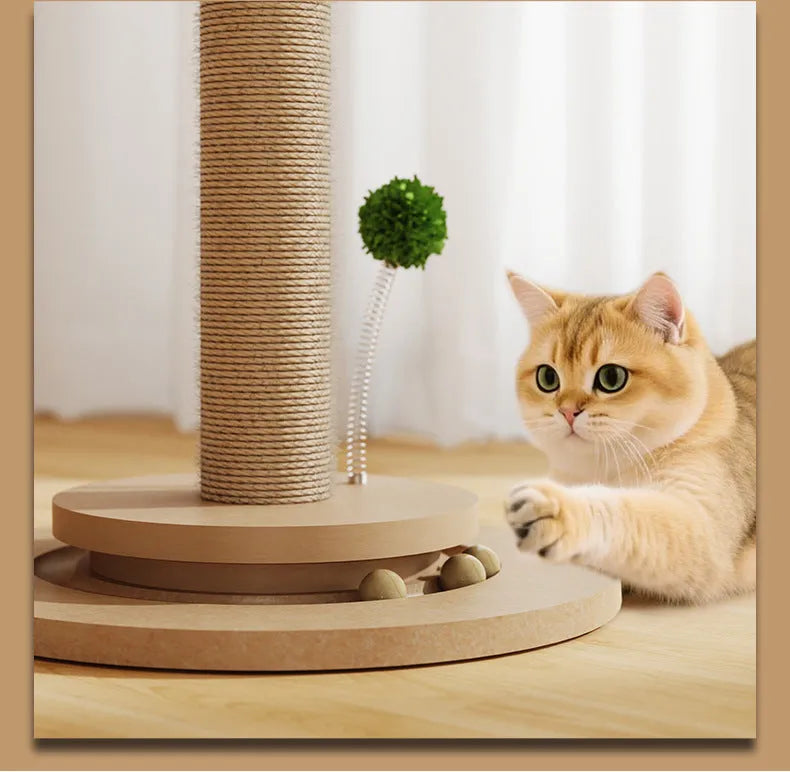 Vertical cat climbing frame with hemp rope scratch posts in canna chamfering colour