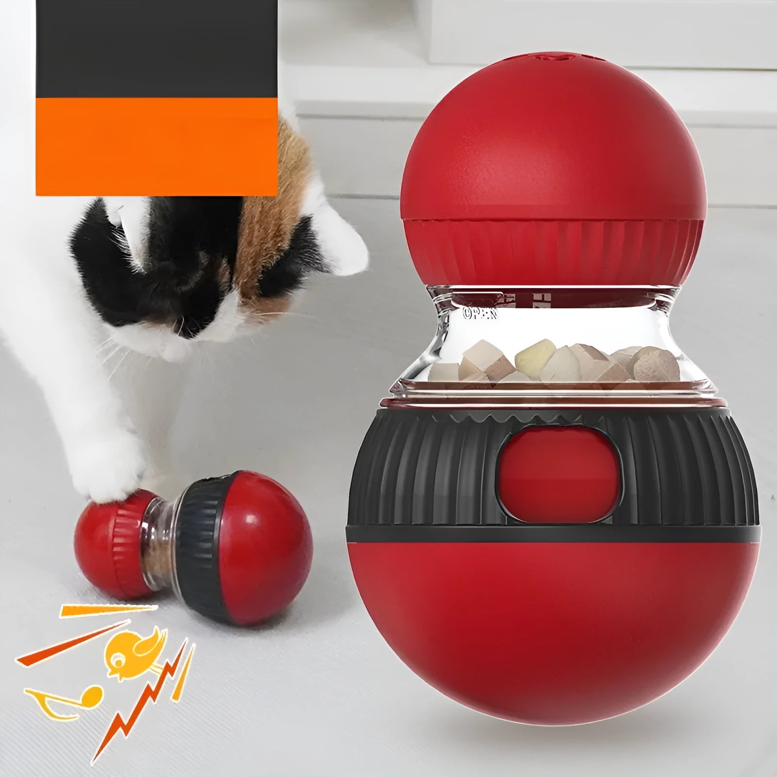Rotating plastic cat toy with funny sounds and food dropping function, super ball colour, 155mm size