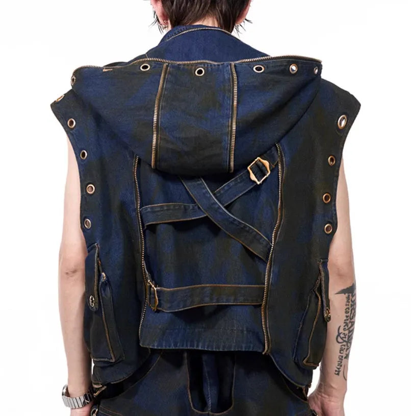 Blue hooded denim style vest coat with matching trousers in Korean fashion set