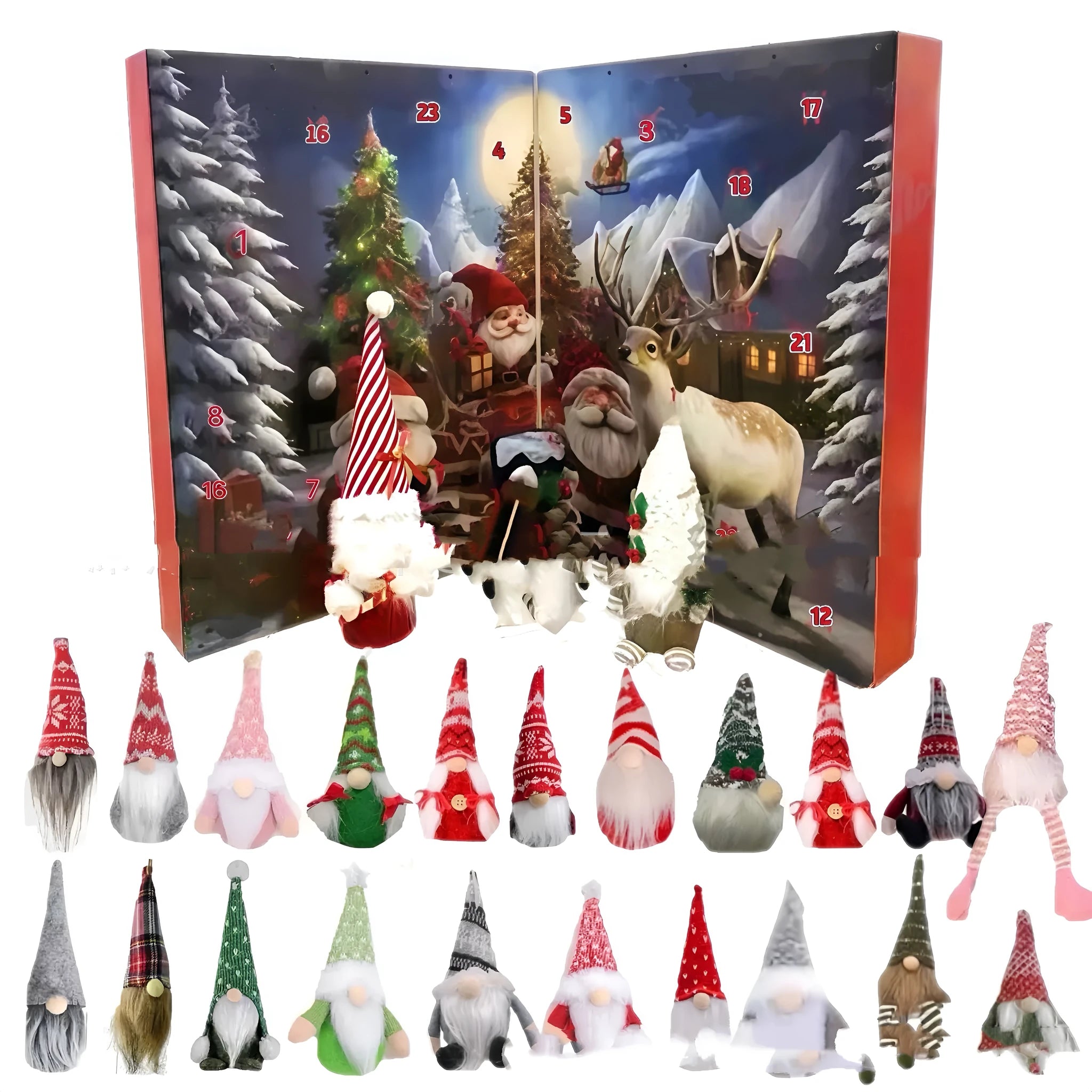 2025 Christmas Gnome Arrival Calendar with three plush gnomes and soft rubber ornaments