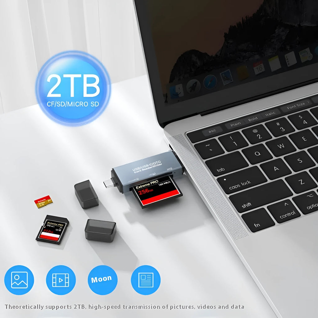 Silver aluminium alloy CF SD TF three-in-one USB card reader with USB Type-C adapter.