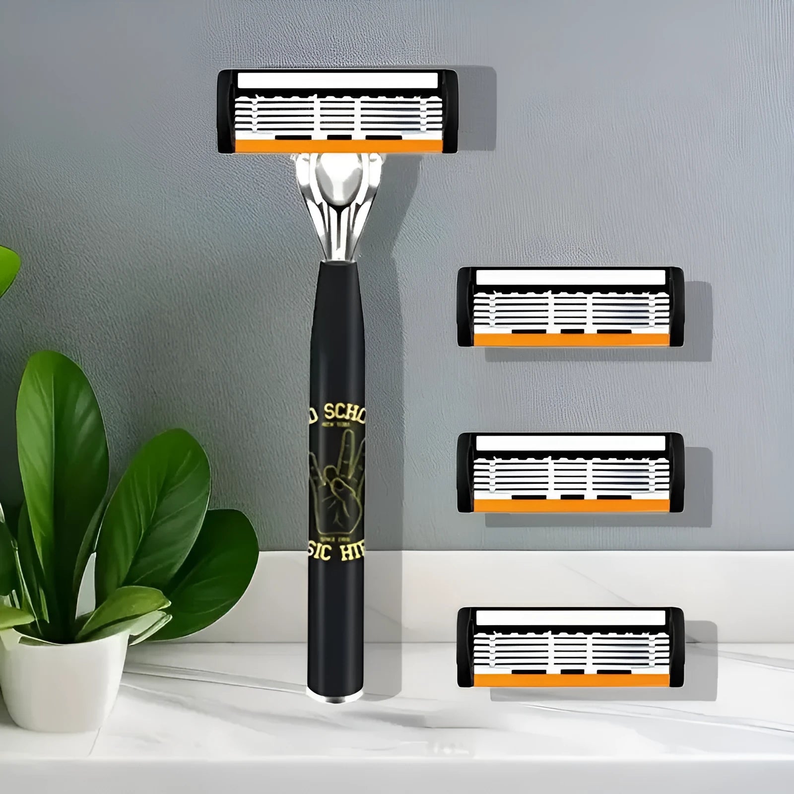 Black manual shaver handle with six-layer replacement blades for beard grooming tools
