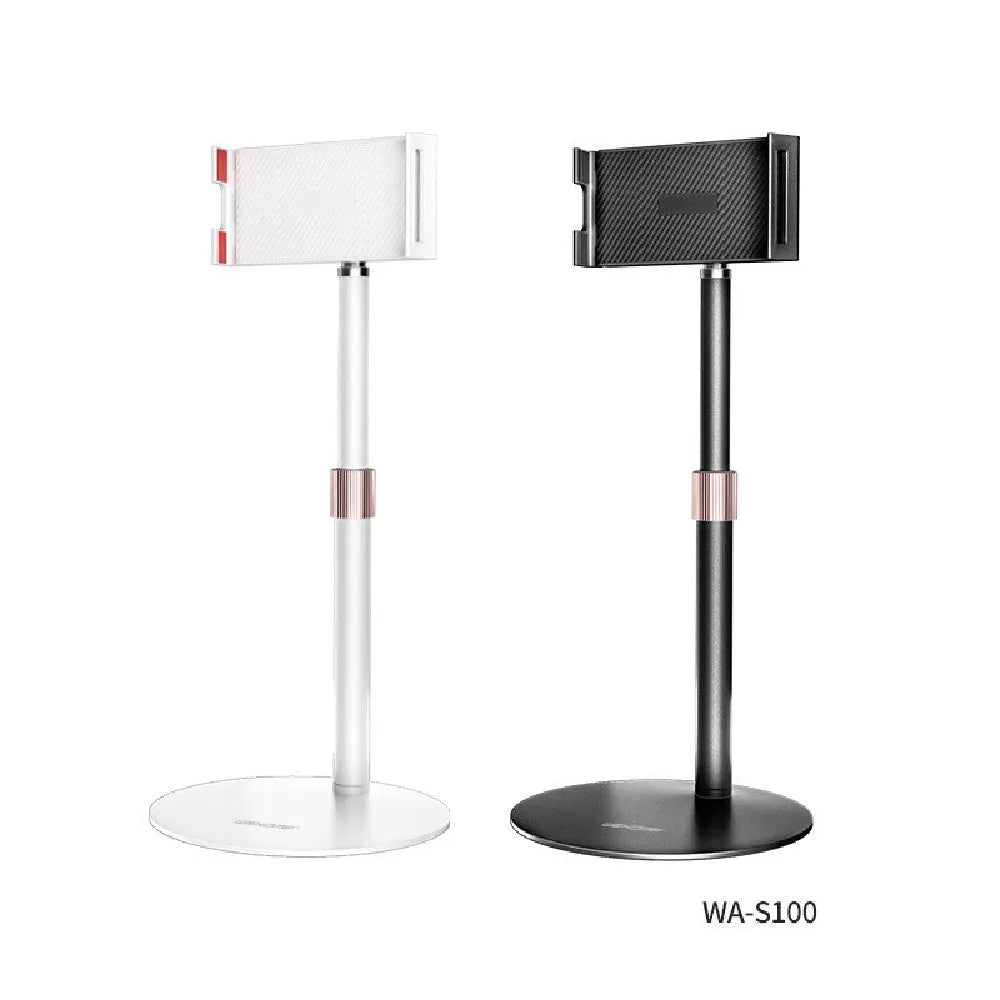 Black metal tablet bracket with telescopic adjustment holding an 11-inch tablet