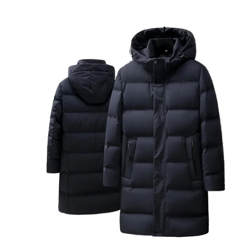 Men's solid colour thick mid-length polyester down jacket coat in black