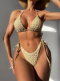 Women's high waist bikini swimsuit with side lace-up detailing in khaki colour