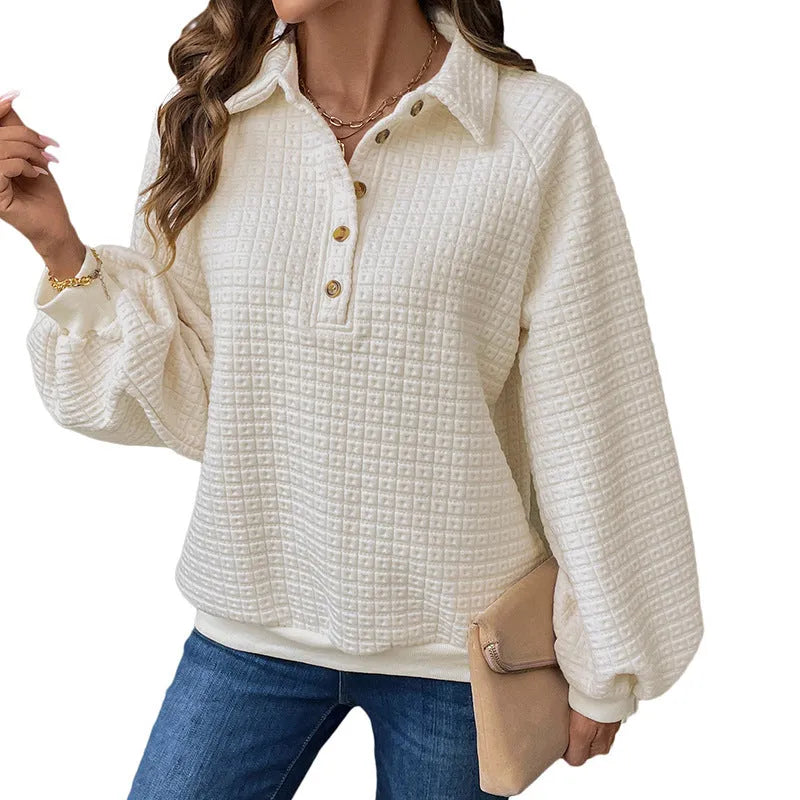 Women's Milky White polo collar sweater, a thickened polyester pullover with long sleeves.