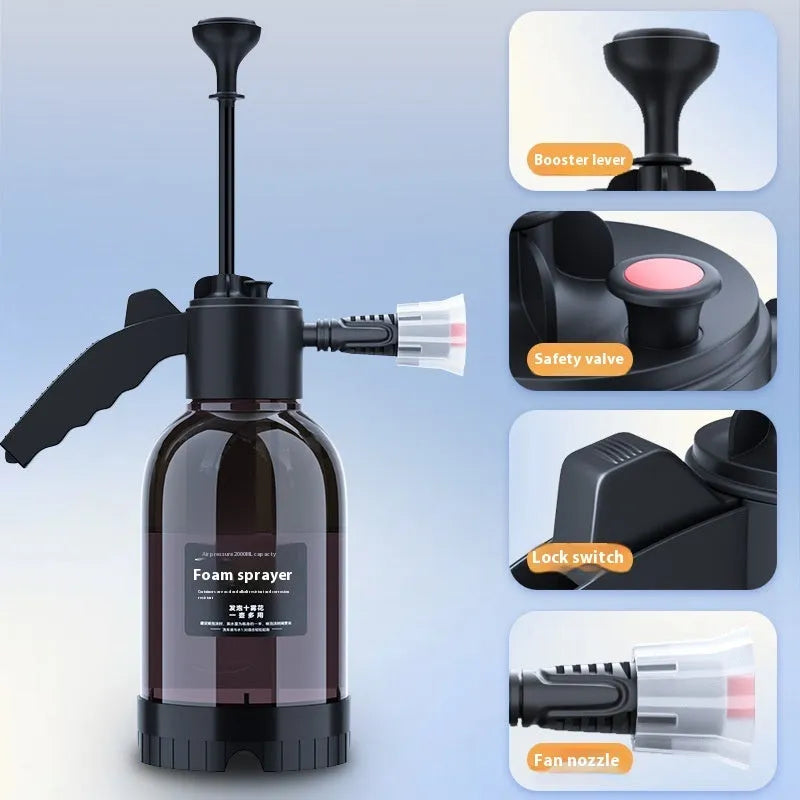 Black 2-litre hand-held foam watering can sprayer with pump handle and two nozzles