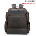 Dark brown retro crazy horse leather backpack for a 17-inch laptop, showing double shoulder straps and external pockets.