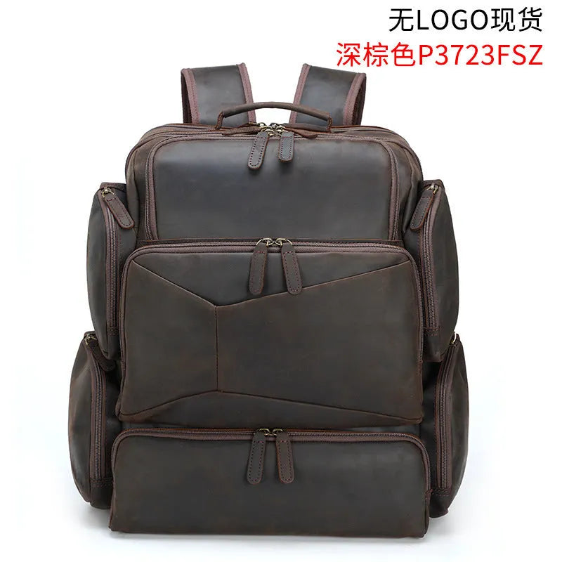 Dark brown retro crazy horse leather backpack for a 17-inch laptop, showing double shoulder straps and external pockets.