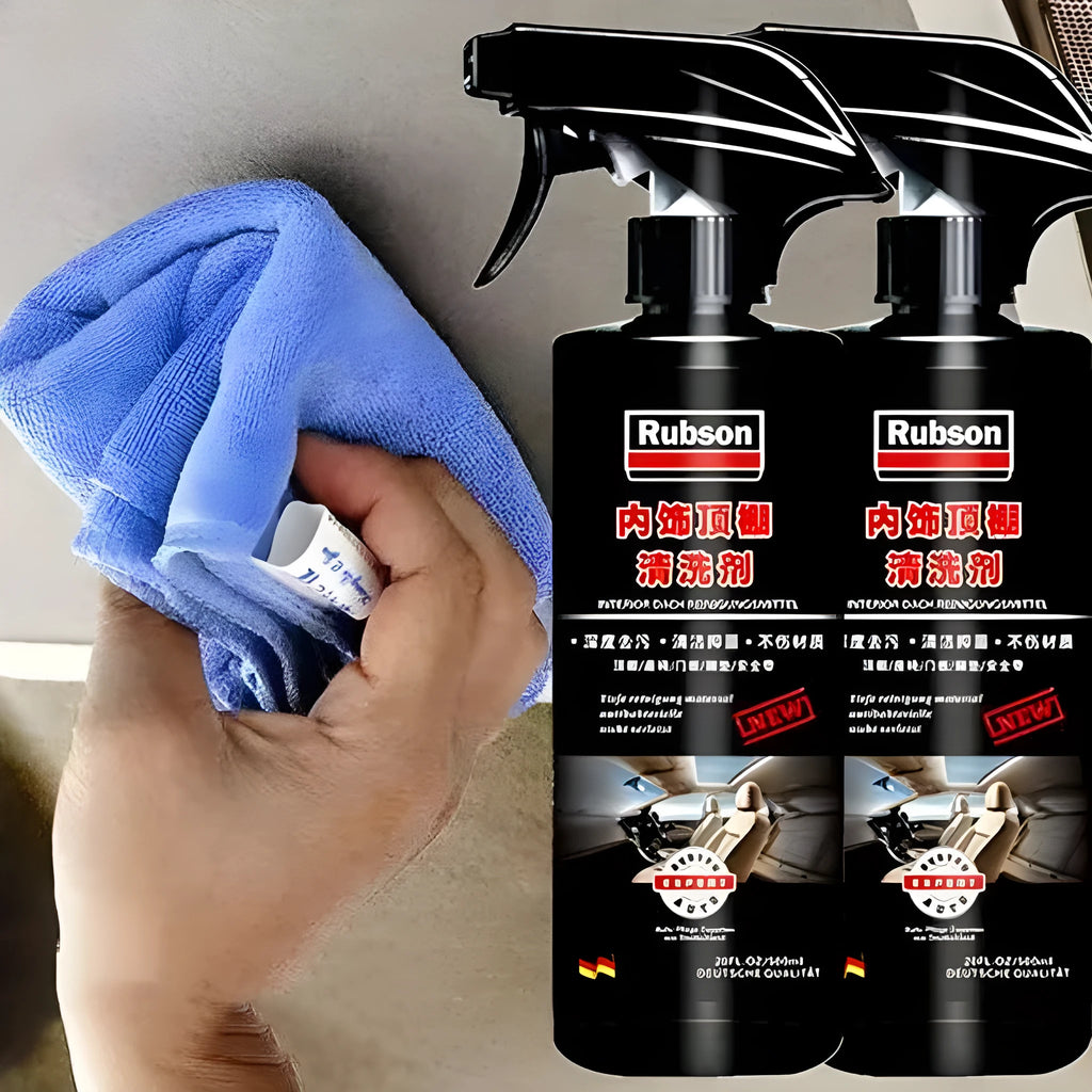 Bottle of foam decontamination cleaner for fabric roofs with a towel and sponge wipes.