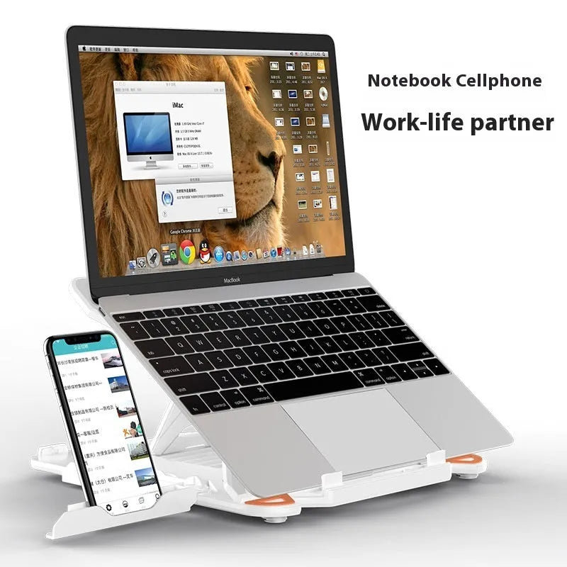 Black ABS plastic laptop cooling bracket with a raised, angled platform on a wooden desk.