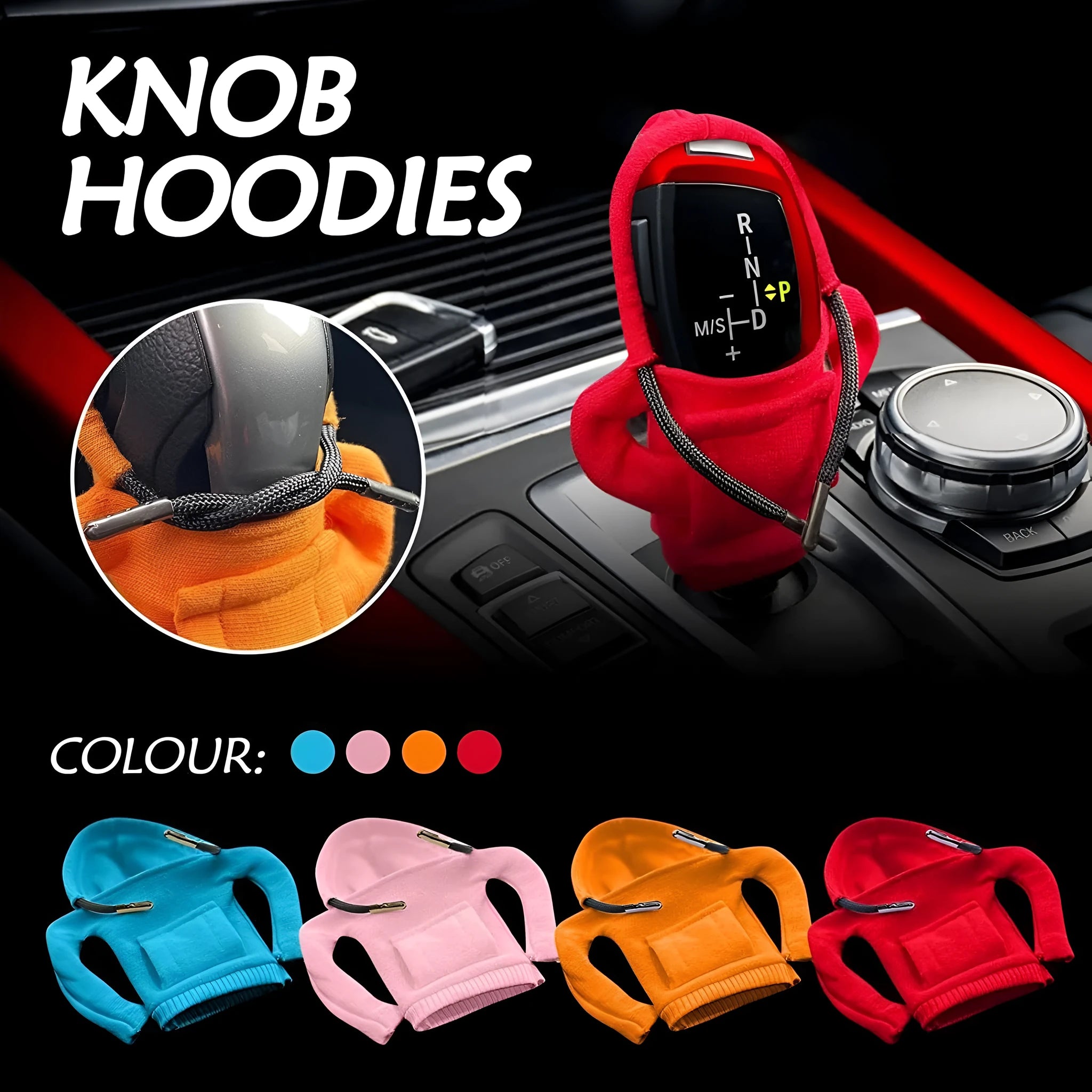 Cloth car gear shift knob cover in various colours showing 13cm by 8cm dimensions