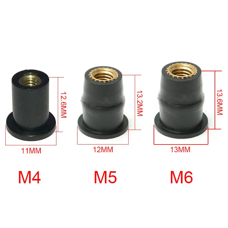 Black plastic motorcycle windshield rubber brass well nuts in M4 M5 M6 sizes pack of 10 pieces