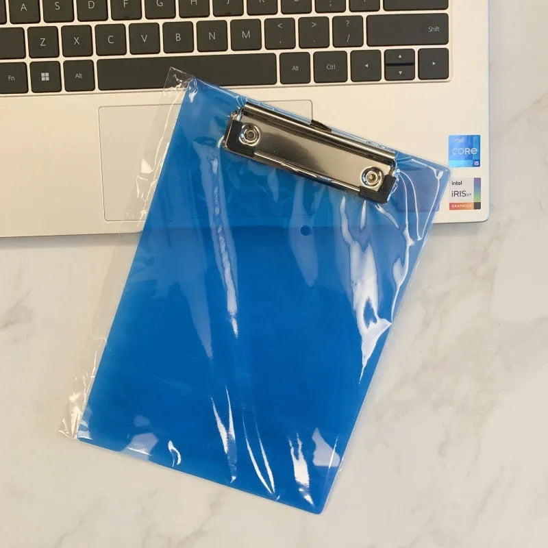 Transparent A4 writing board pad with metal clip holding documents, available in blue, green, red, and white colours