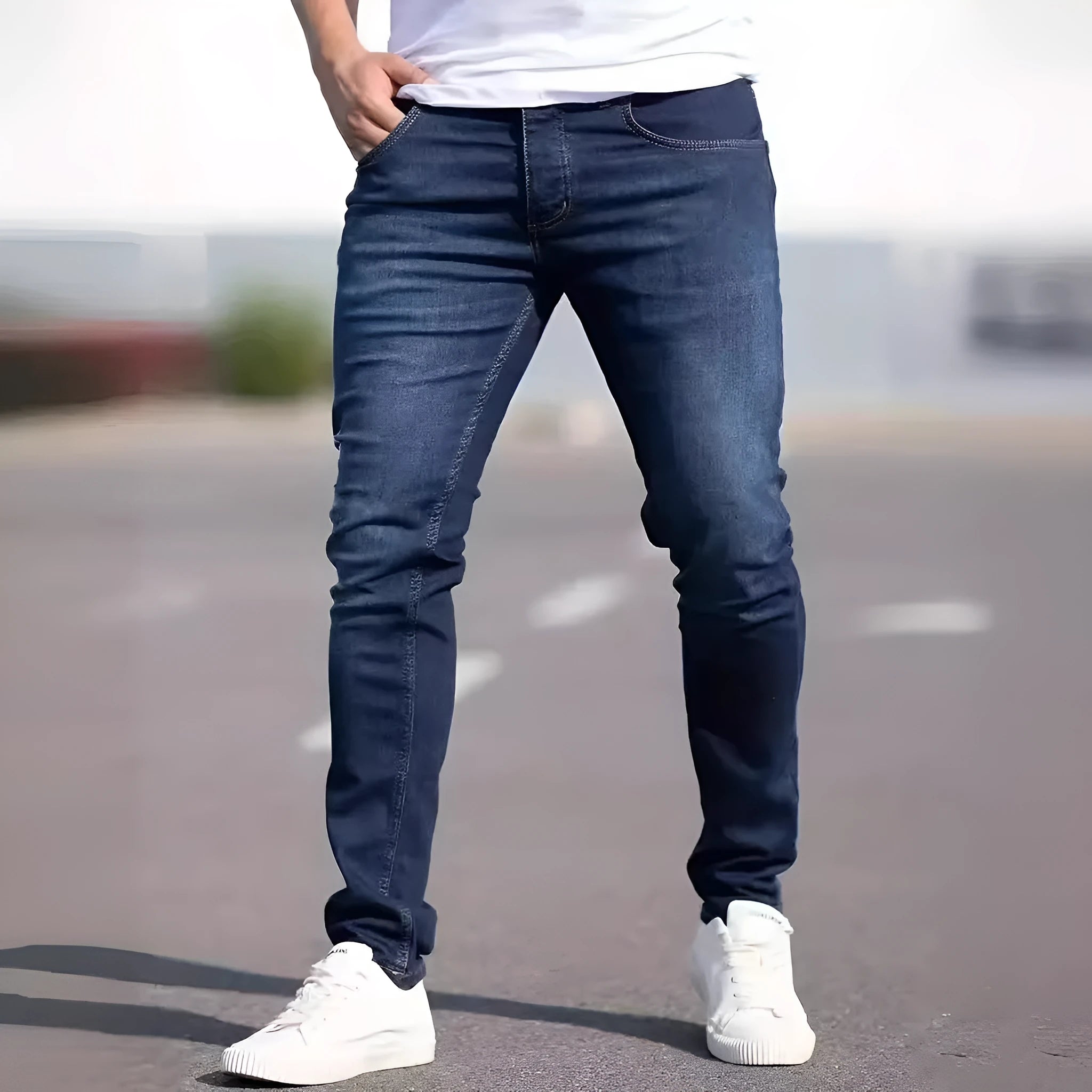 Men's dark blue skinny jeans with medium stretch cotton fabric and zipper fly