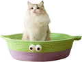 Round woven natural cotton rope cat bed in green with spiral edge, size M, on wooden floor