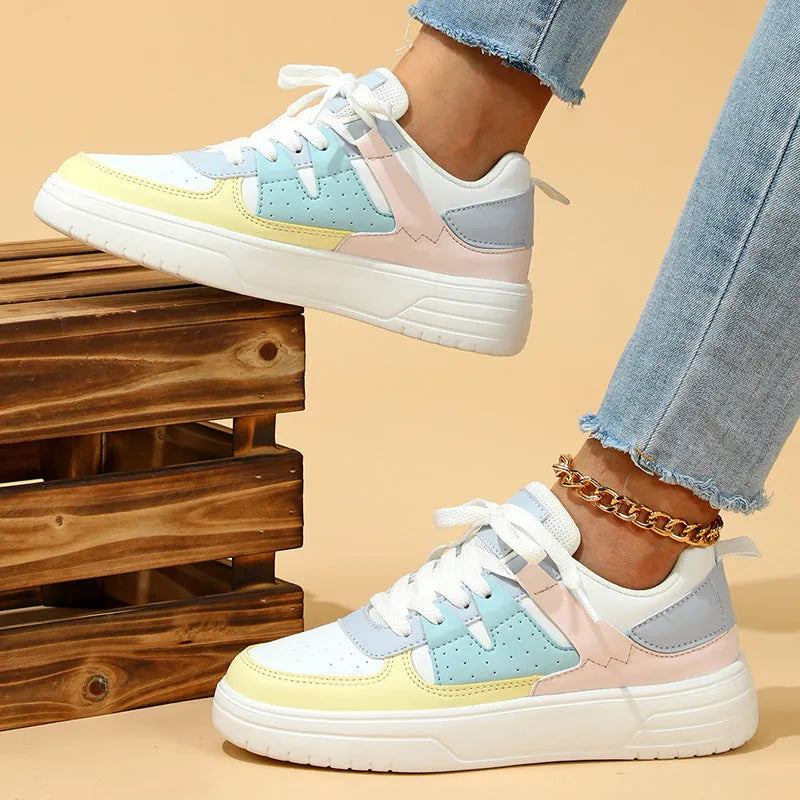 White and yellow moon platform sneakers with PU mesh upper and mid heel 3-5cm