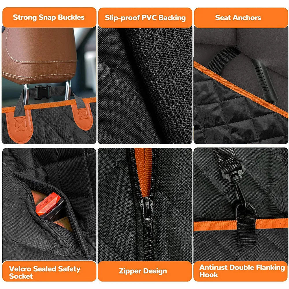 Black and orange waterproof pet car seat hammock cover made from 600D Oxford cloth on rear car seats