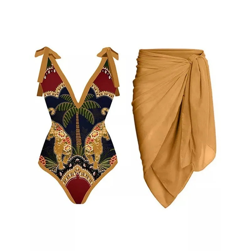 Women's solid colour one-piece swimsuit with spaghetti straps and a matching detachable skirt.