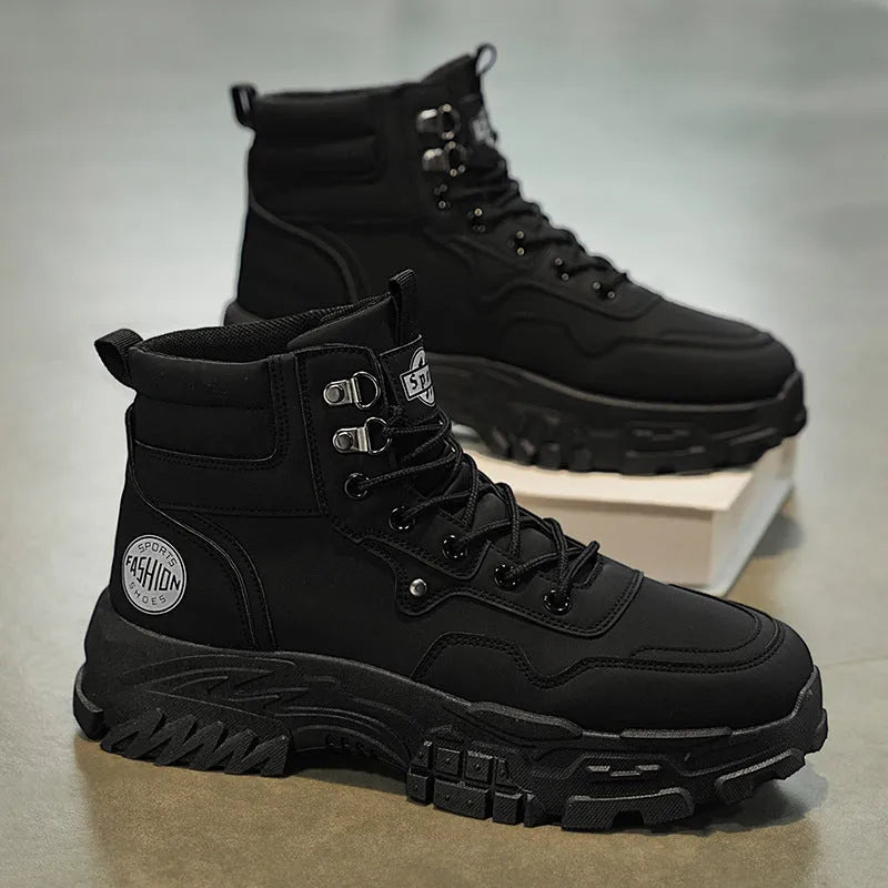 Men's black and yellow Martin boots with high-top design and injection-moulded soles