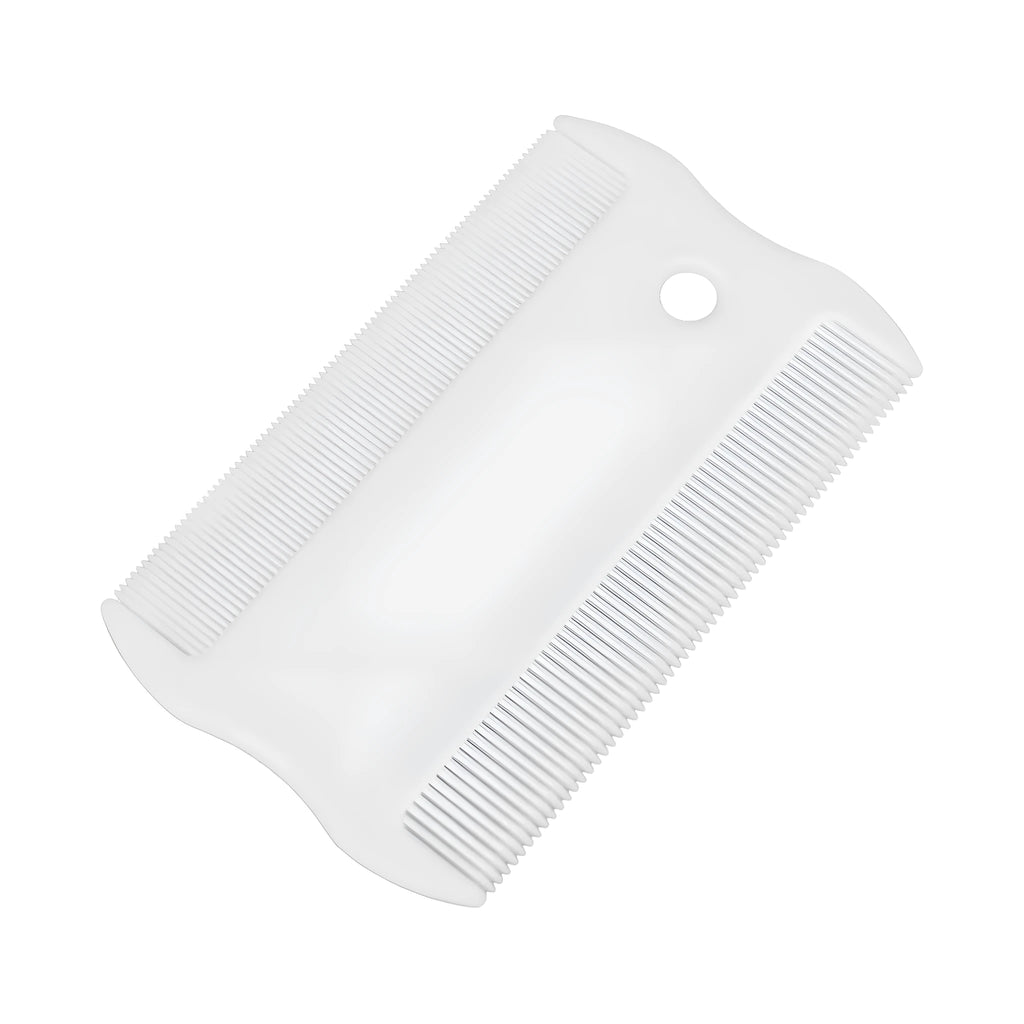 Double-sided plastic flea comb for dogs and cats with dense teeth for removing fleas and cleaning tear stains.