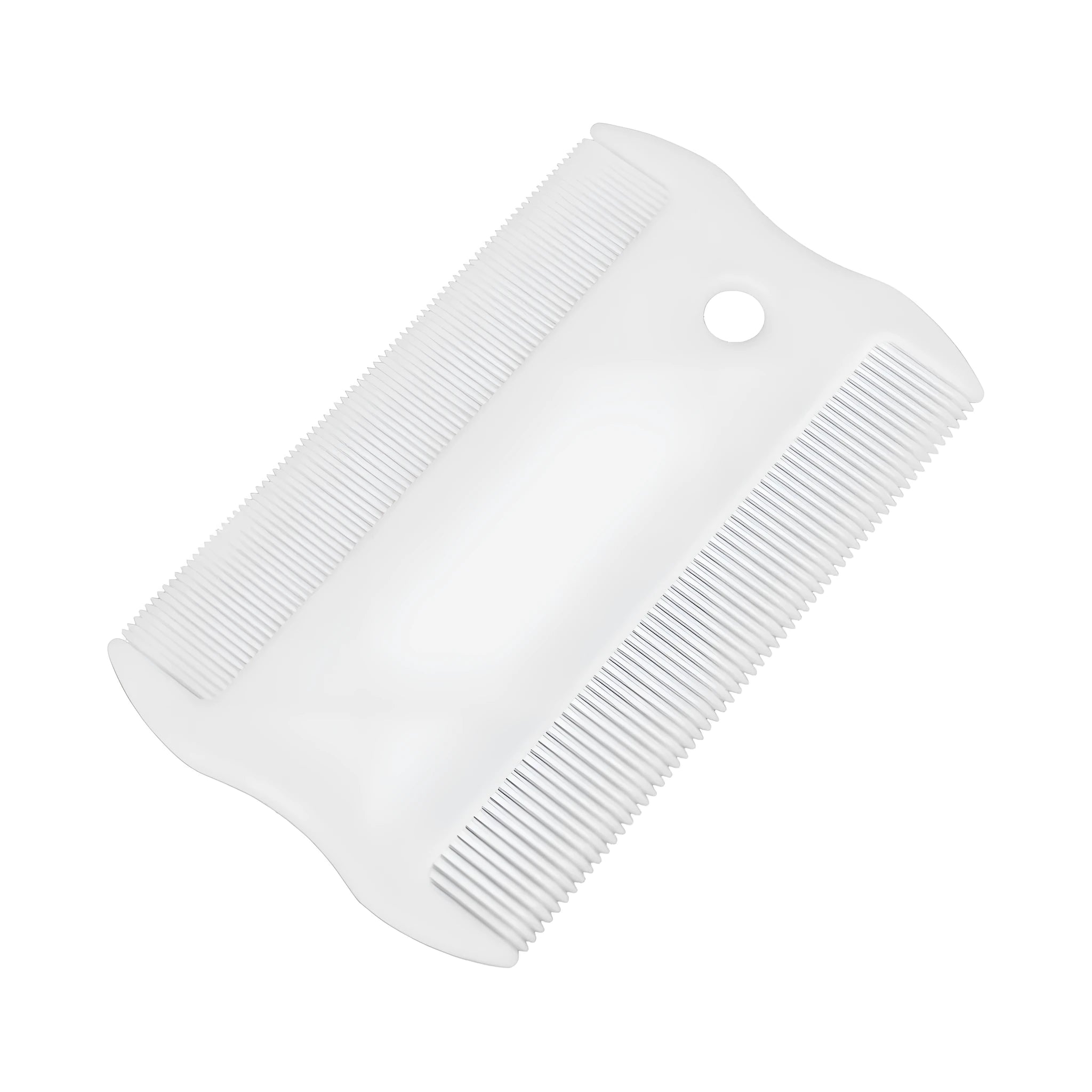 Double-sided plastic flea comb for dogs and cats with dense teeth for removing fleas and cleaning tear stains.