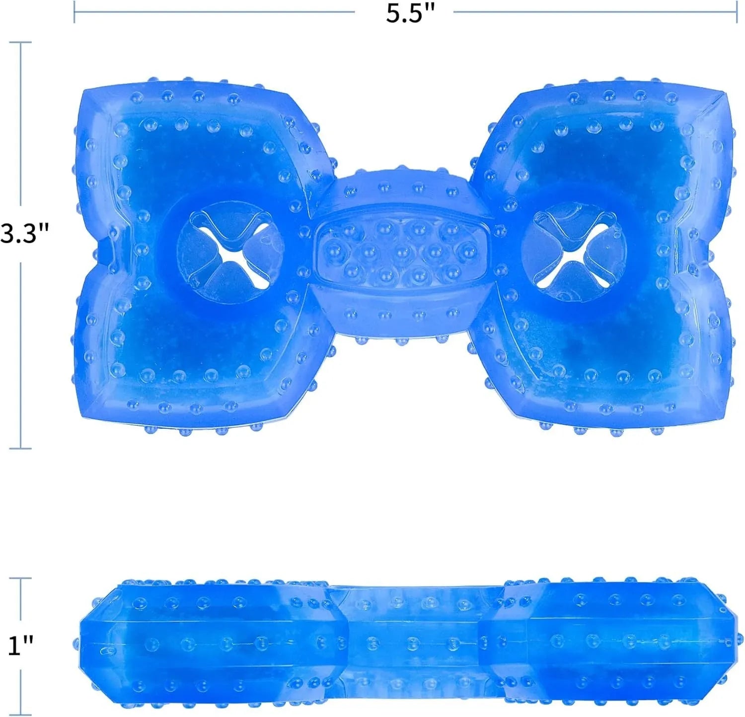 Freezable bone-shaped dog teether chew toy shown next to a circle-shaped version, both with treat-filling holes.