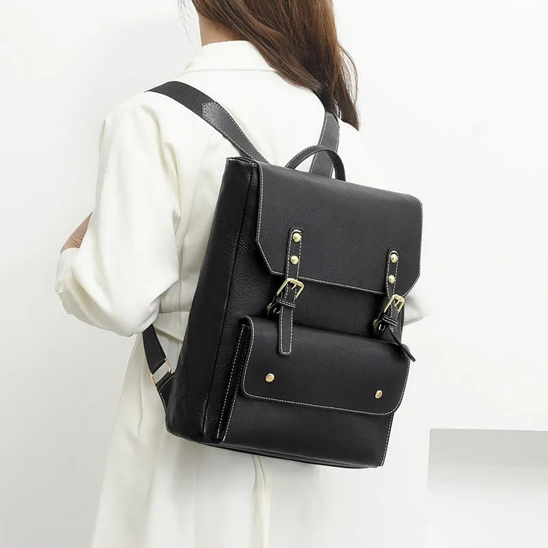 Korean style retro simple backpack in soft PU material, shown in one of four neutral colour options.