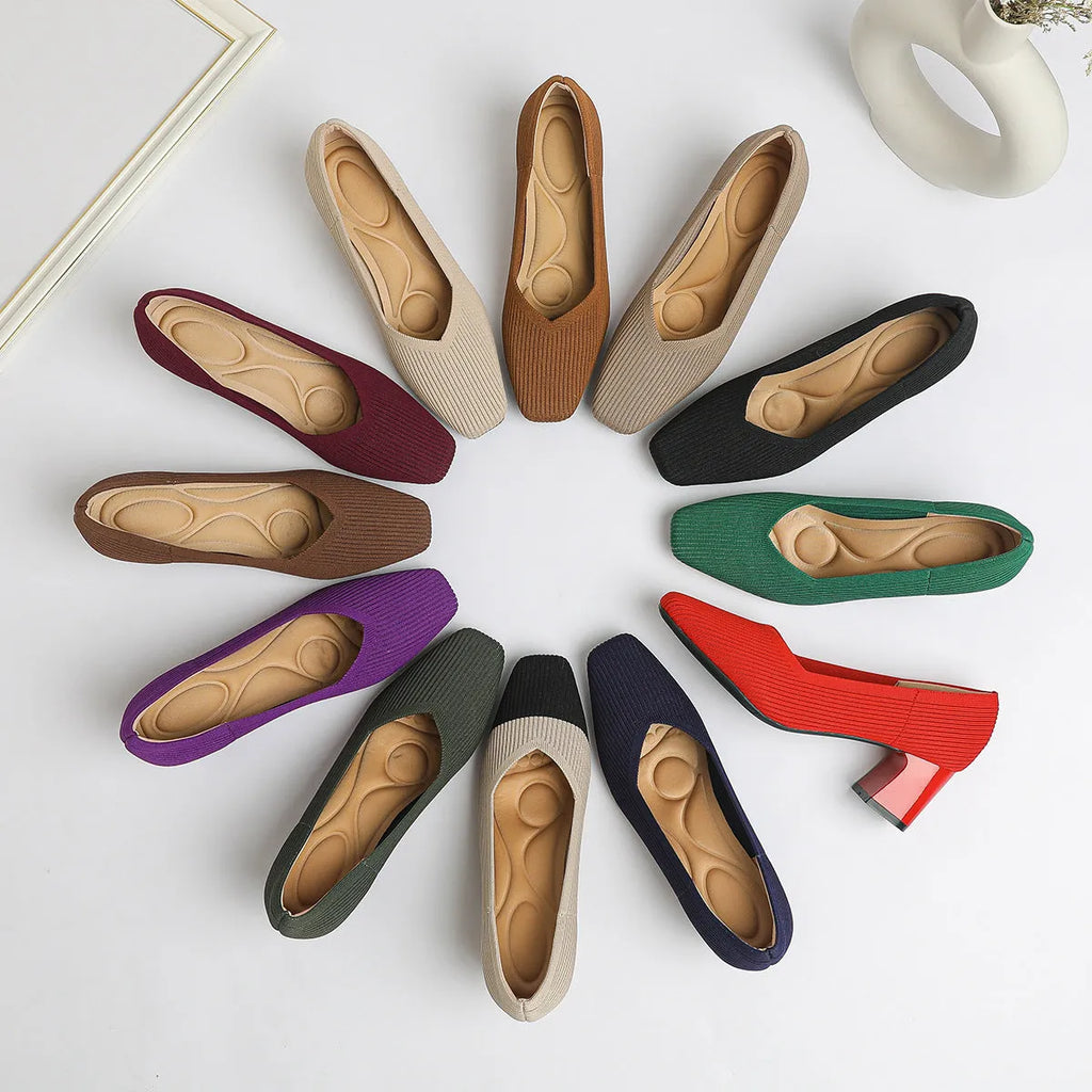 Women's thick head stiletto knitted shoes block heel square toe breathable commuting