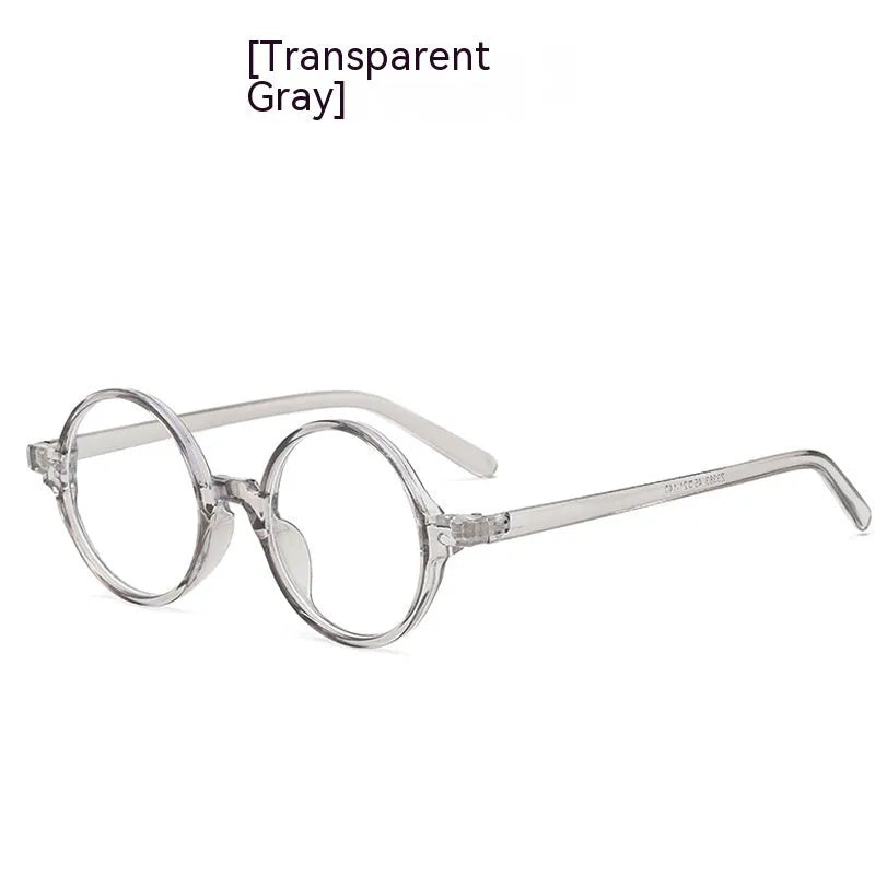 Retro round flat lens glasses in bright black, sand black, tofu pudding and transparent grey PC frames.