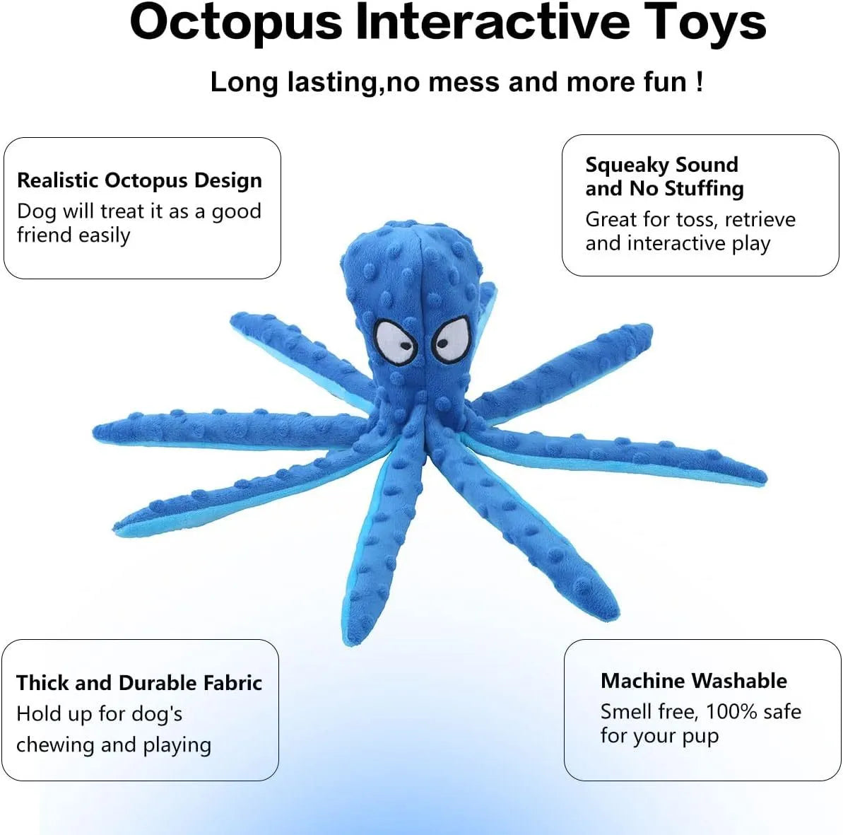 Blue octopus-shaped dog squeaky toy with no stuffing and crinkle sounds for chewing