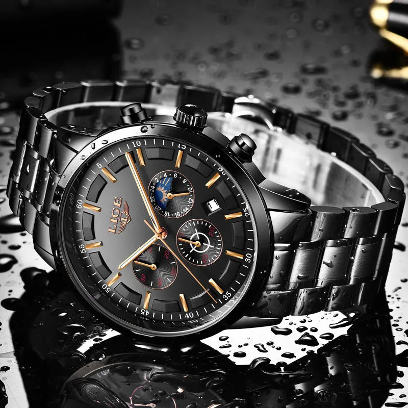 Men's waterproof quartz sports watch in black, blue, and rose gold colour combinations