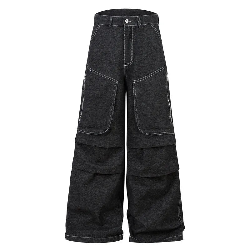 Black pleated work jeans with multiple pockets, featuring a zip fly and mid-waist design.