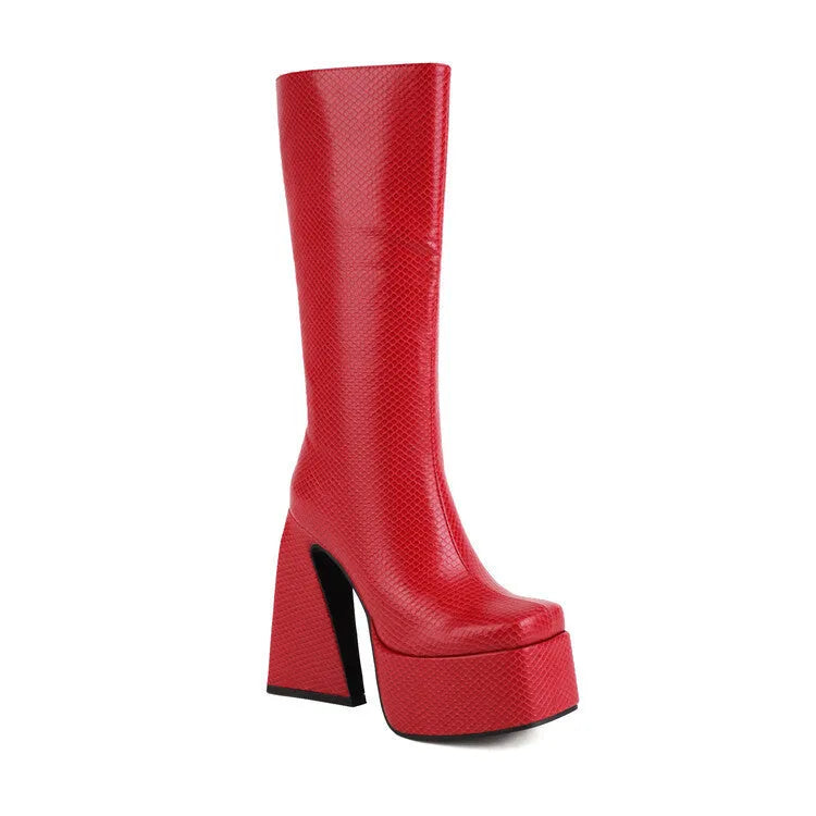 Women's casual high-top boots in black, red, blue, and white colours, showing the PU upper material.