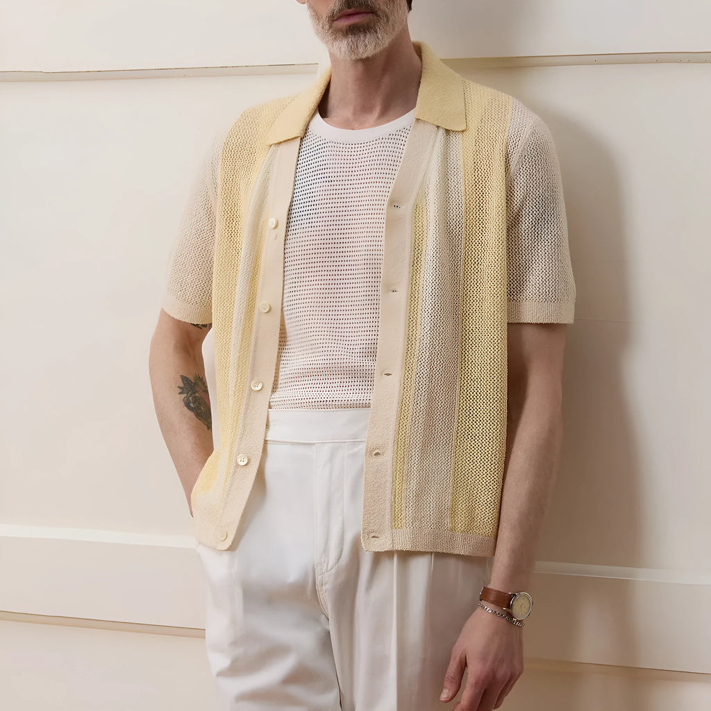 Yellow tencel polo shirt with asymmetric hollow-out design and short sleeves for summer casual wear