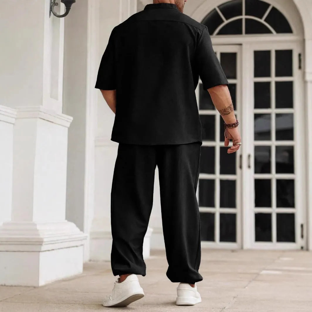 Men's casual apricot cotton linen short-sleeve shirt and trousers set laid flat.