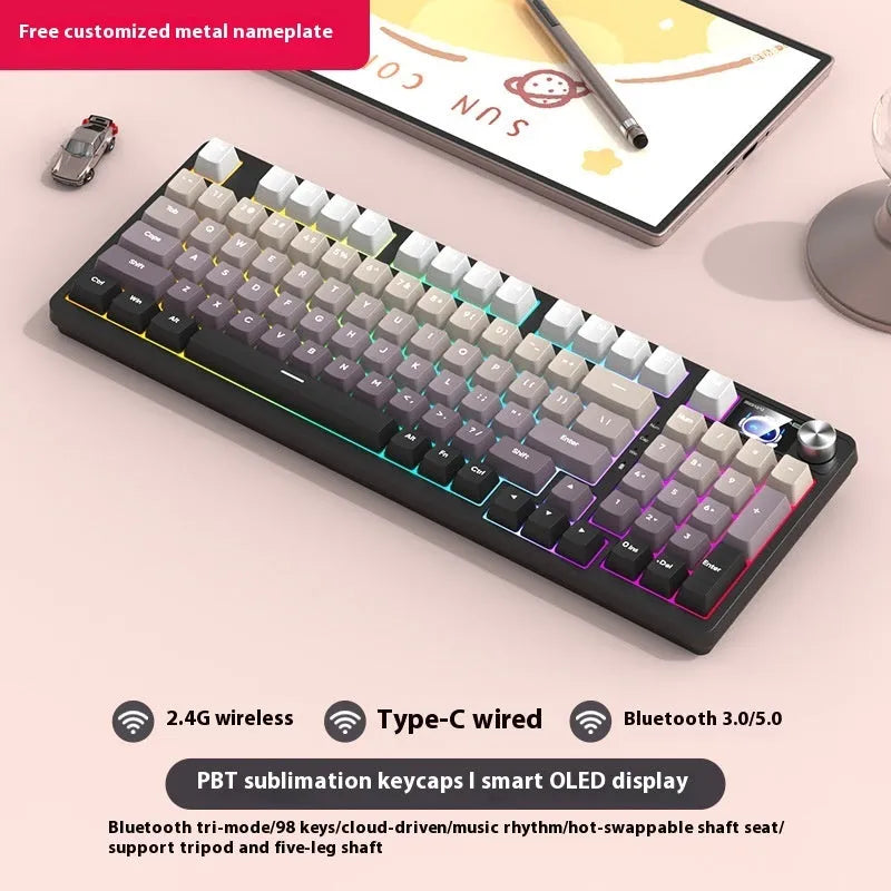 98 key wireless Bluetooth mechanical keyboard kit with metal knob and multiple colour options