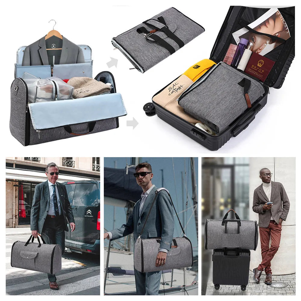 Dark blue folding Oxford cloth duffel bag with handles, suitable for travel and gym use.